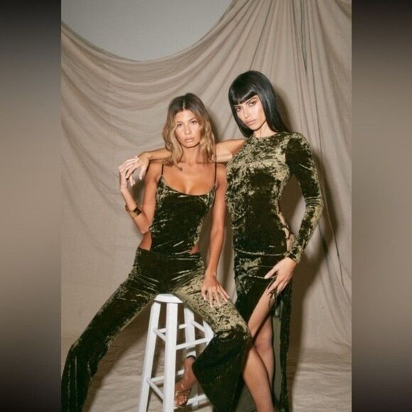 CAMILA COELHO Green Velvet One Shoulder Cutout Lace-Up Maxi Gown party dress XS - Picture 14 of 14